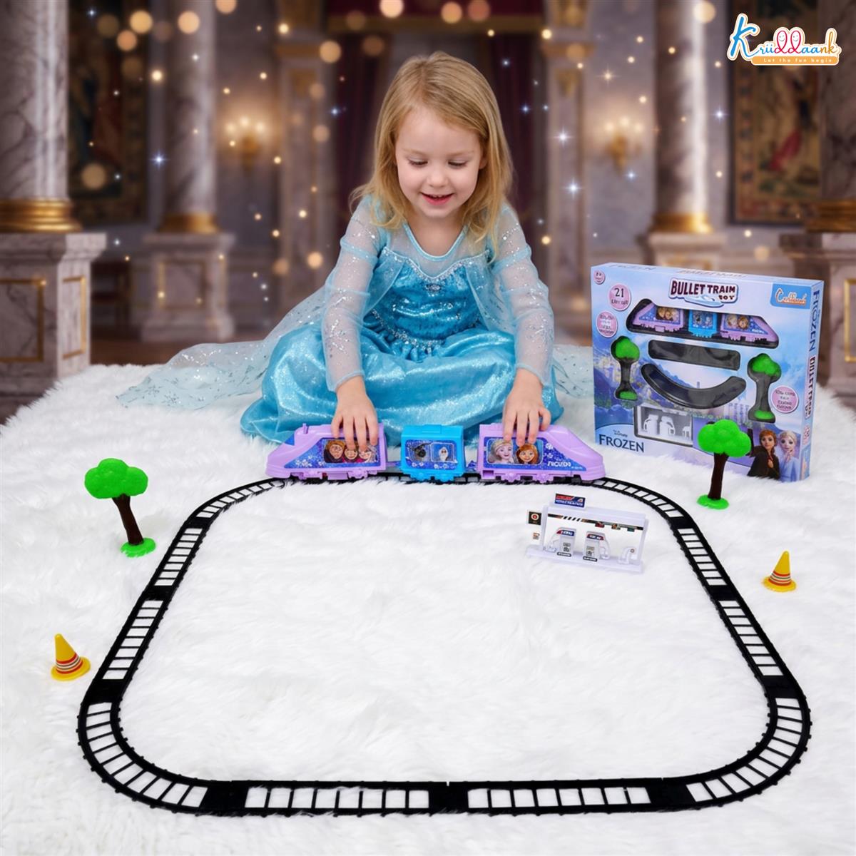 Kriiddaank Frozen Theme Train Set - Disney Elsa & Anna Battery Operated Toy Playset for Girls, 21 Pieces Easy-to-Assemble Tracks with Sound Effects, Educational Gift for Kids 3+ Years, Turkish Blue