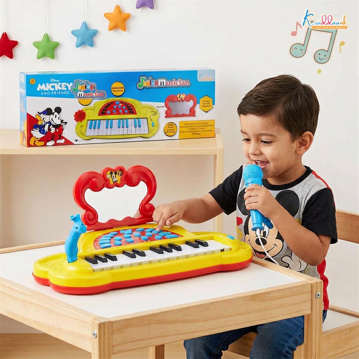 Mickey Mouse Theme Junior Musician Piano & Drum Set for Kids | Karaoke Microphone, 25 Songs & MP3 Connectivity | Early Learning Musical Toy for Toddlers 3+ | USB & Battery Powered (Red)