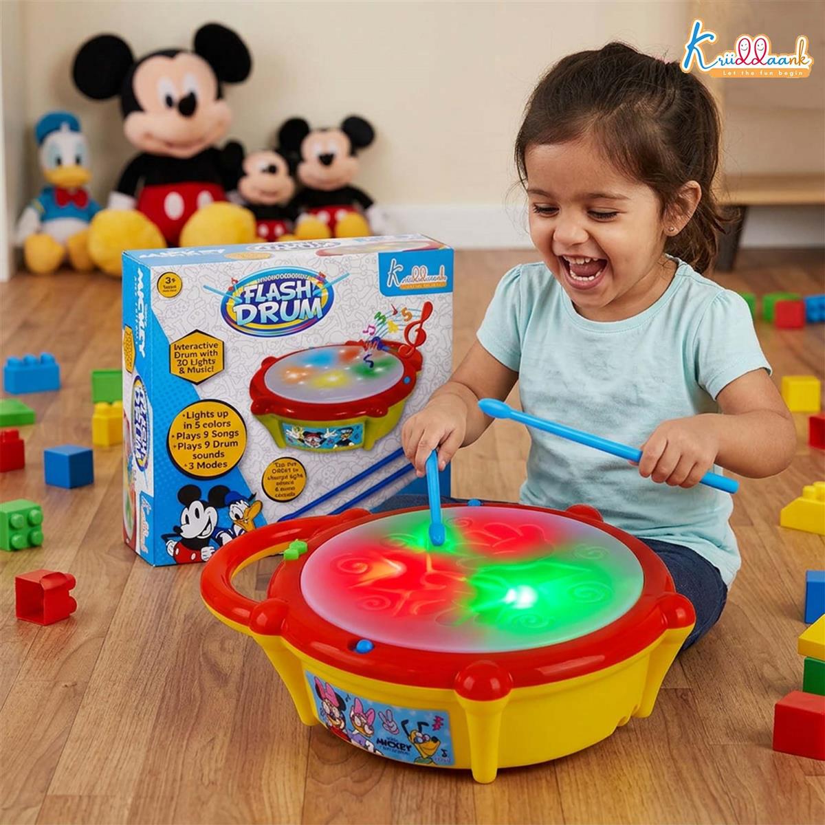 Disney Mickey Mouse Flash Drum Musical Toy for Kids - Interactive 3D Lights, 9 Songs & 9 Drum Sounds, 3 Play Modes - Educational Musical Instrument for Toddlers 3+ Years