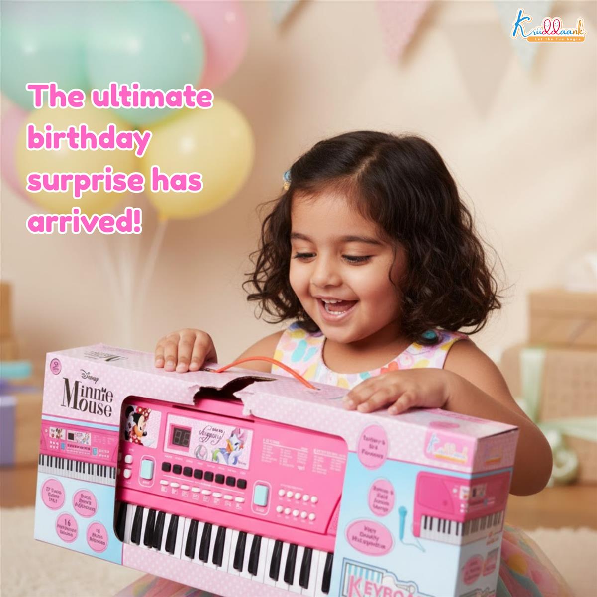 Disney Minnie Mouse 61-Key Keyboard Piano for Kids - Musical Toy with Microphone, Digital Screen, 17 Instrument Sounds, Recording Mode & USB Power - Pink Educational Gift for Toddlers Age 3+
