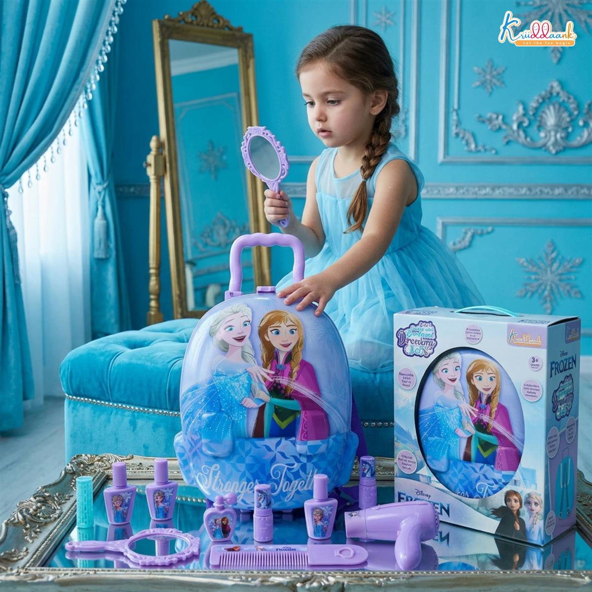 Frozen 2-in-1 Backpack & Trolley Dressing Gift Set for Kids - 13 Pcs Pretend Play Makeup Kit with Electronic Dryer, Portable Beauty Vanity Suitcase for Girls Aged 3+ Years (Turkish Blue)