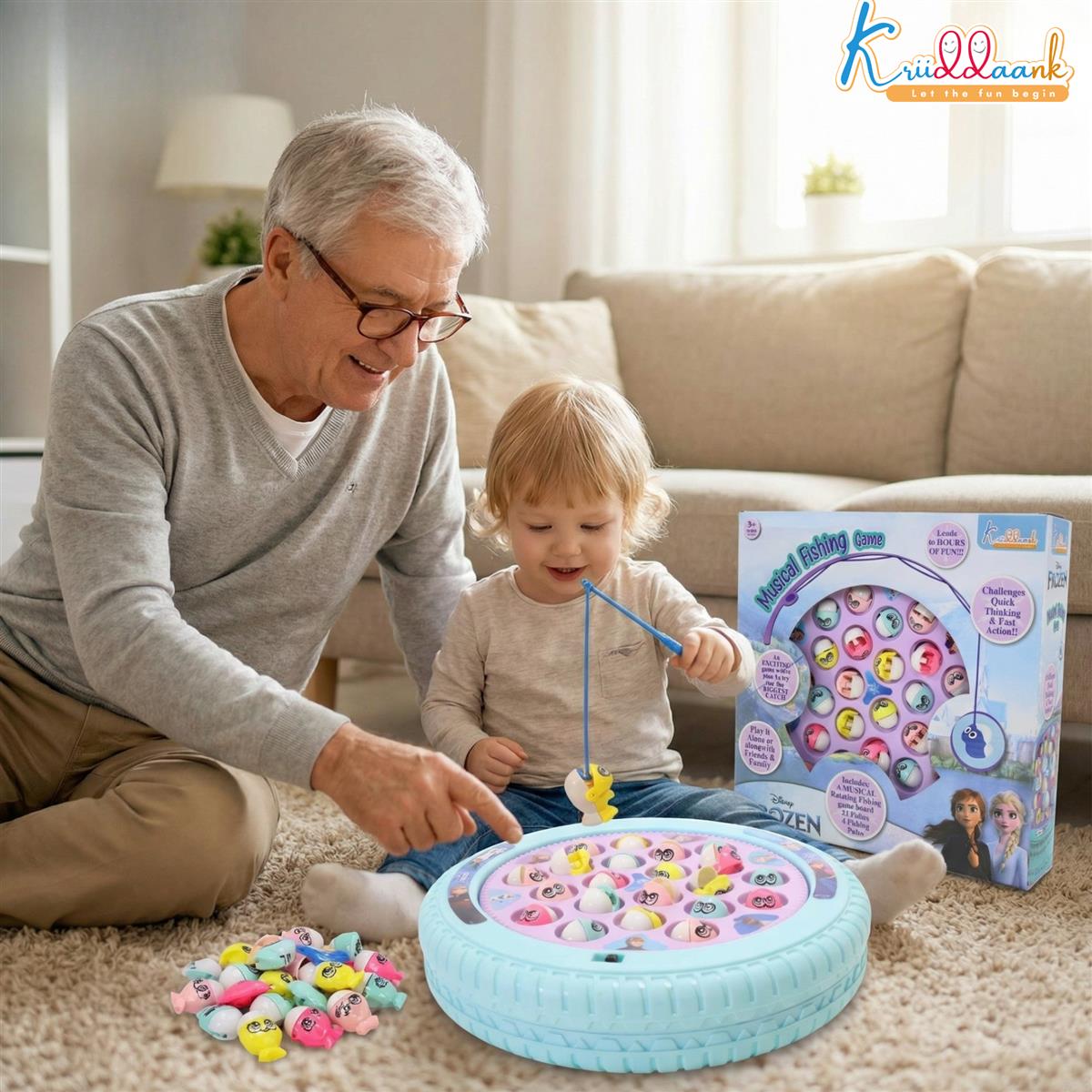 Frozen Musical Fishing Game for Kids - Battery Operated Rotating Toy with 21 Fish & 4 Fishing Poles | Educational & Interactive Learning Toy for Boys & Girls Ages 3+ | Turkish Blue