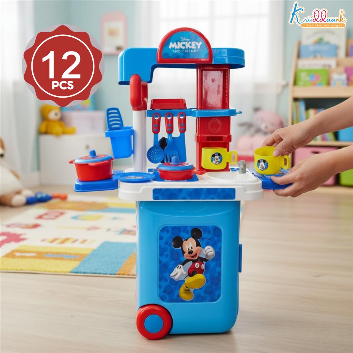 Kriiddaank Disney Mickey Kitchen Set with Trolley - 20 Pcs Pretend Play Cooking Set for Kids with Light & Sound, 2-in-1 Portable Role Play Kitchen Toy for Toddlers 3+ Years (Red)