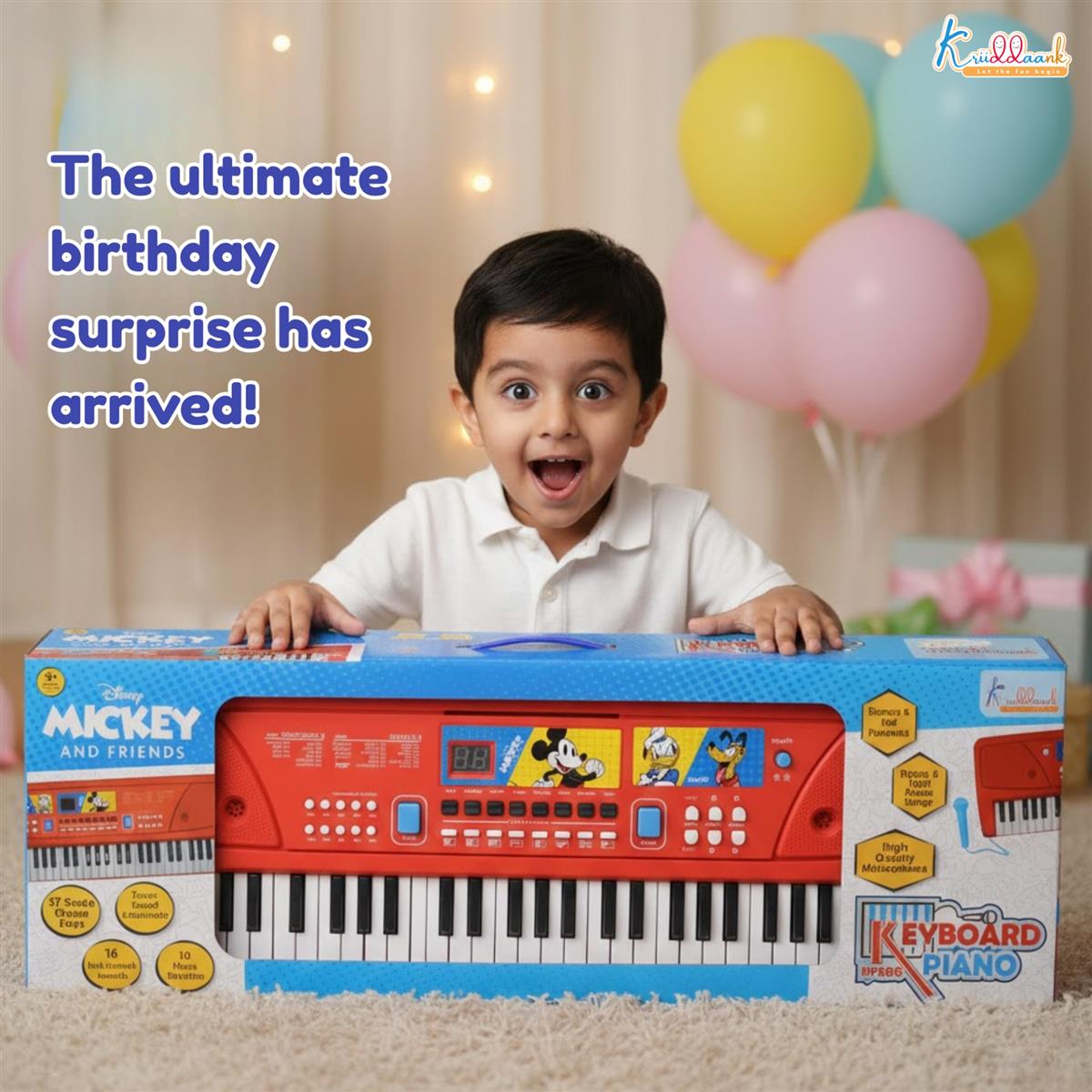 Mickey Keyboard Piano for Kids - 60 Keys Digital Piano with Microphone & USB Power - 61 Scale Organ Keys, 17 Instrument Sounds, 10 Rhythms, 6 Demo Tunes - Educational Musical Toy for Toddlers 3+