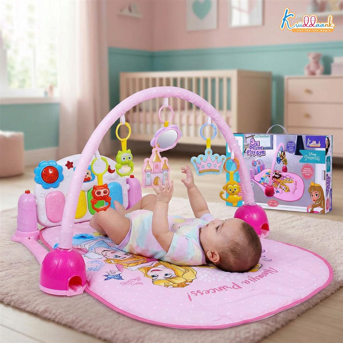 Disney Princess Theme Musical Baby Gym with Piano Keyboard, Lights & Hanging Rattles - Activity Play Mat for Infants & Toddlers (0-3 Years) - Pink