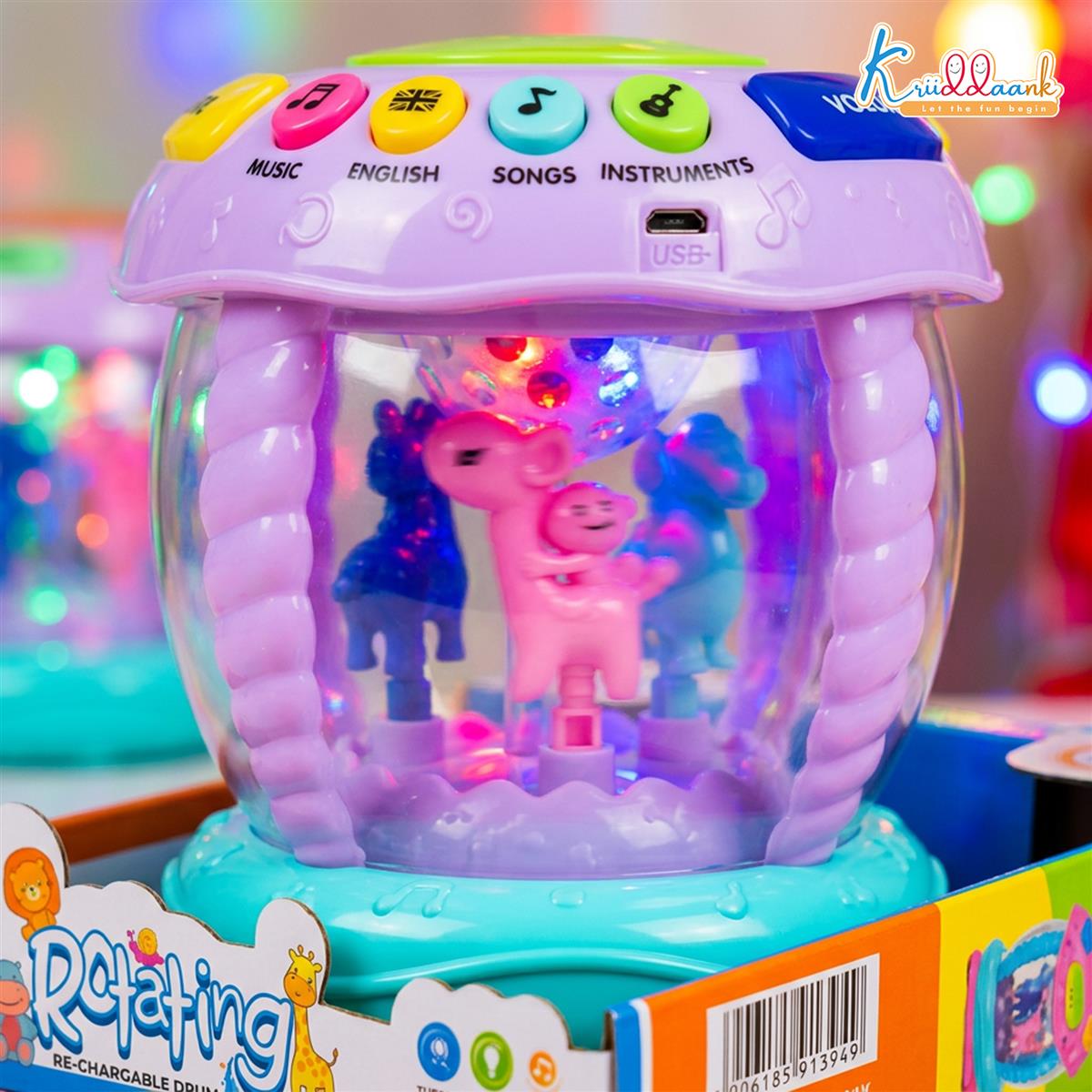 Kriiddaank Rotating Drum Musical Toy for Kids 3+ Years - Interactive Musical Instrument with Nursery Rhymes, Projection Lights, USB Charging, & Motor Skill Development - Multicolor