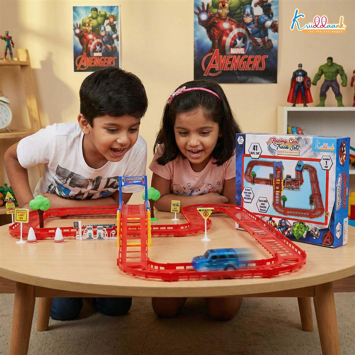 Avenger Theme Car Track Playset with Diecast Metal Car - 41 Piece Portable Racing Track Set for Kids Age 3+ - Customizable DIY Marvel Inspired Super Hero Race Track Toy - Battery Operated Action