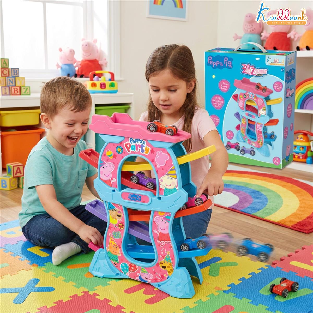 Peppa Zig Zag Zoomer Ramp Racer Car Track for Toddlers | 6-Level Racing Set with 4 Mini Vehicles | 15 Pieces Easy Assembly | Non-Toxic Educational Toy for Kids 3+ Years