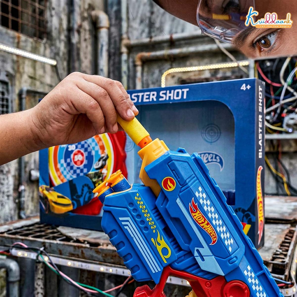 Hot Wheels Blaster Gun Toy for Kids - Soft Bullet Foam Blaster with 10 Darts, Target Board & Safety Glasses - Action Shooting Game Toy for Boys & Girls Age 4+ (Blue)