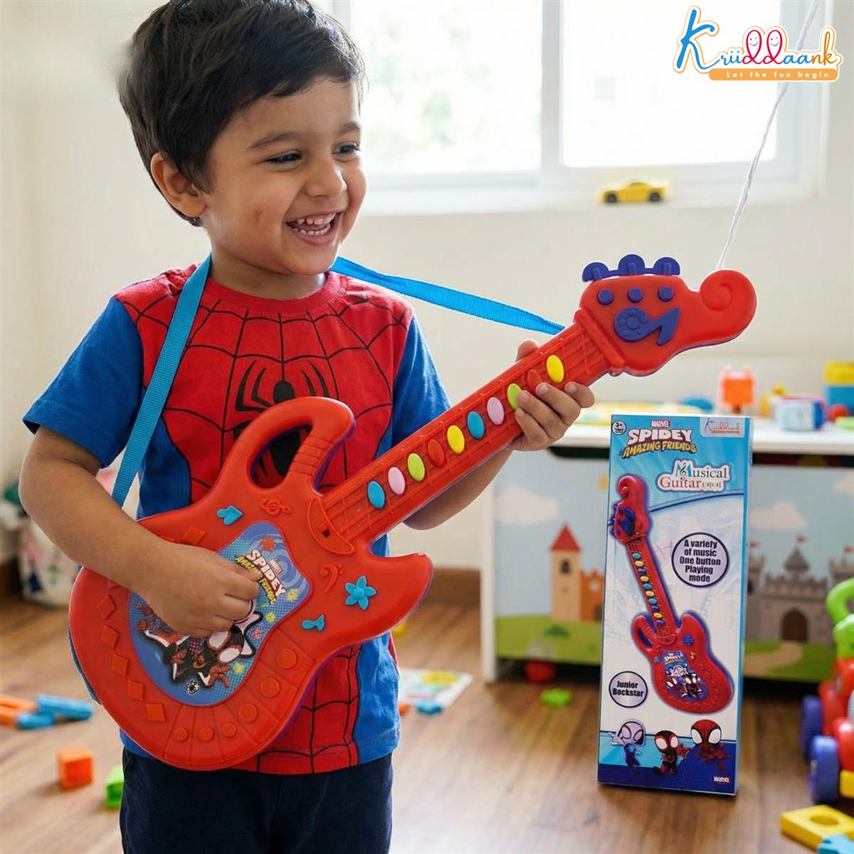 Spiderman Musical Guitar for Toddlers - Junior Rockstar Sing-Along Karaoke Toy with Built-in Music & Lights, Educational Electronic Play Instrument for Kids 3+ Years Old, Blue