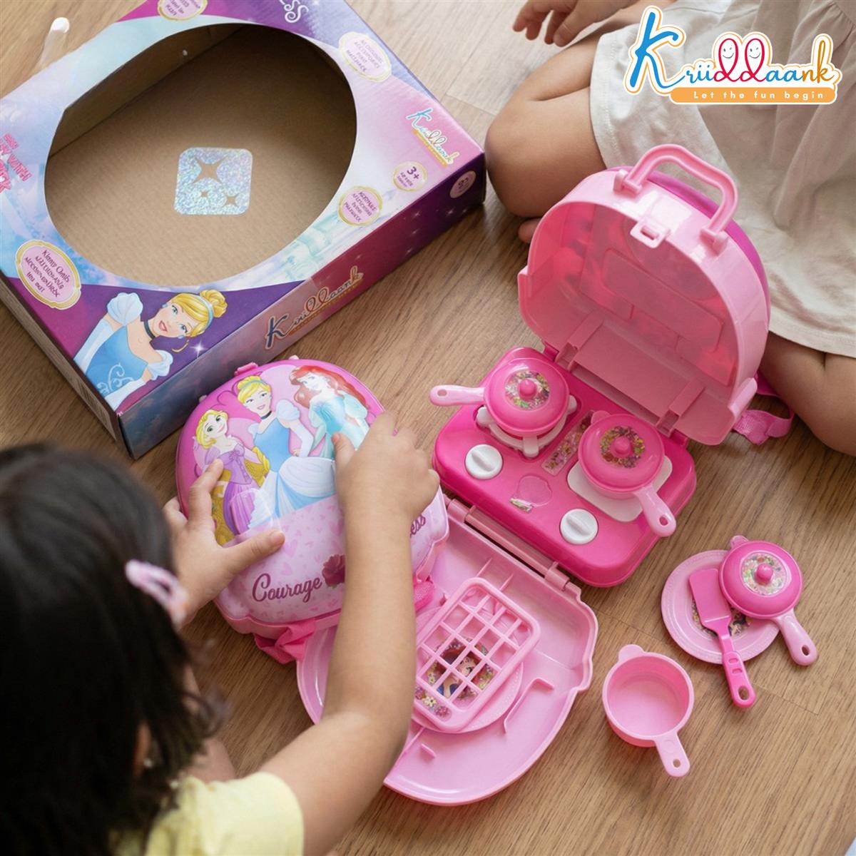 Kriiddaank Princess Backpack Kitchen Set for Kids - 21 Pcs Pretend Play Cooking Toy with Music, Portable Travel Carry Case Playset for Girls 3+ Years Old (Pink, Non-Electric)