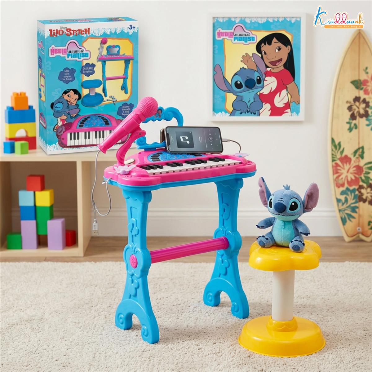 Disney Stitch Theme Little Pianist Keyboard Set for Kids - 25 Keys Piano with Microphone, Stool, & Dress-Up Accessories - Karaoke Function, USB/Battery Powered Musical Toy for Boys & Girls 3+