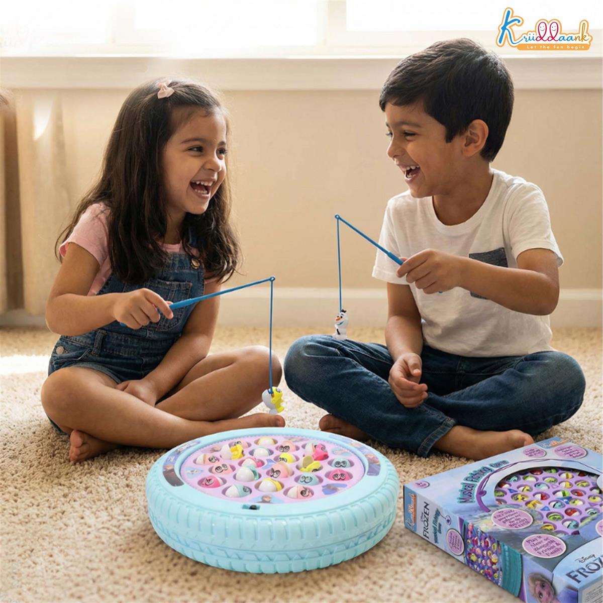 Kriiddaank Frozen Musical Fishing Game - Electronic Rotating Board with 45 Fishes & 4 Poles | Battery Operated Interactive Toy for Kids 3+ | Fun & Educational Multiplayer Game, Turkish Blue