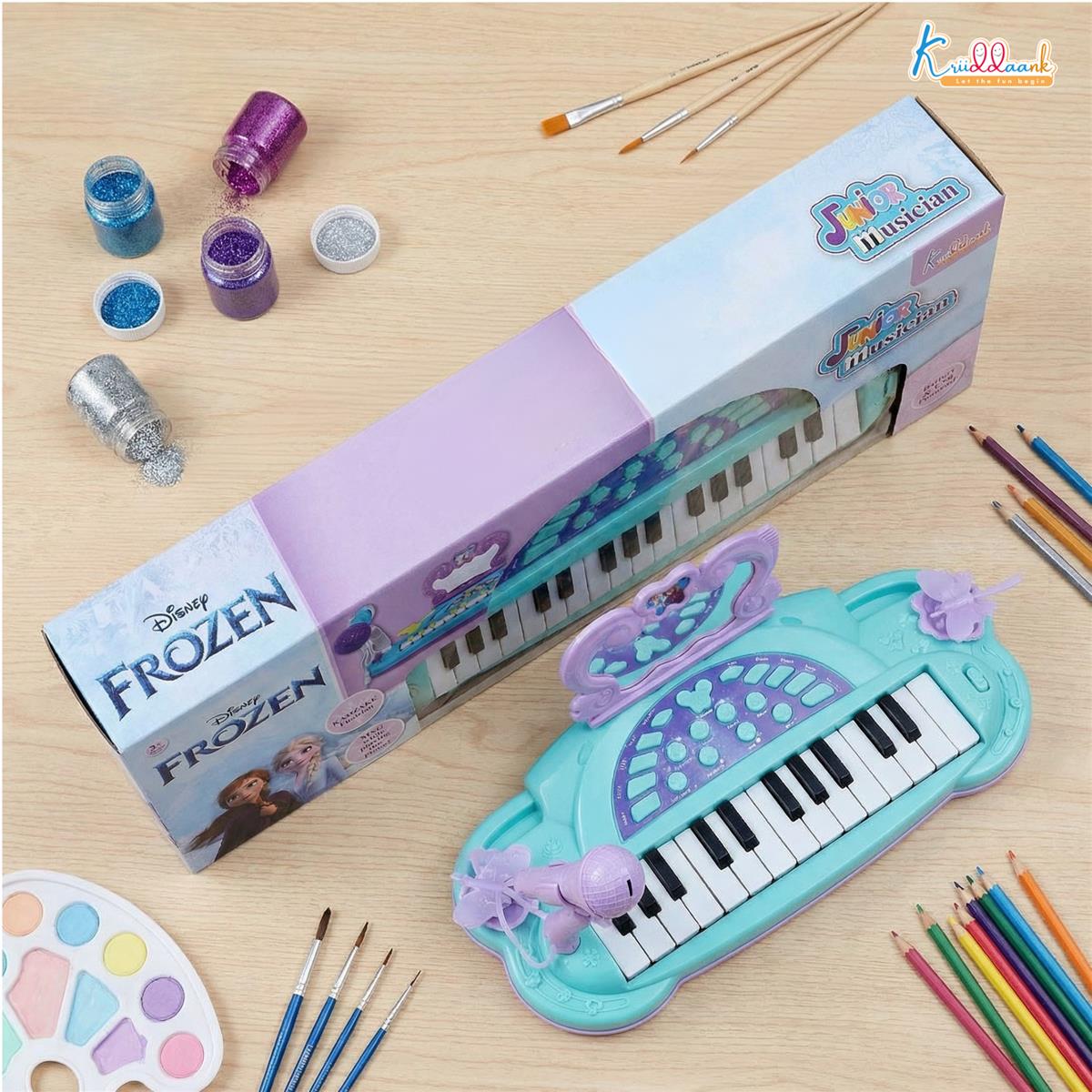 Frozen Junior Musician Elsa-Anna Music Set - Kids Piano with Microphone, Karaoke Function, 25 Songs & 5 Percussion Instruments, Dual Power (USB/Battery), Educational Toy for Girls Ages 3+, Blue