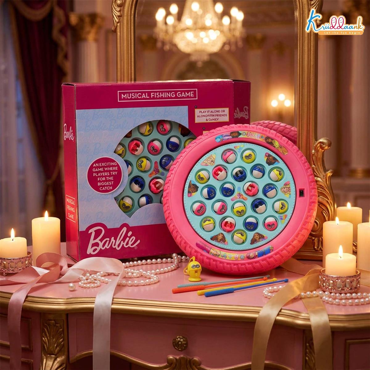 Barbie Musical Fishing Game - Rotating Underwater Adventure Toy for Kids 3+ - Includes 21 Fishes & 4 Fishing Poles - Battery Powered Interactive Pink Game for Girls, Motor Skill Development