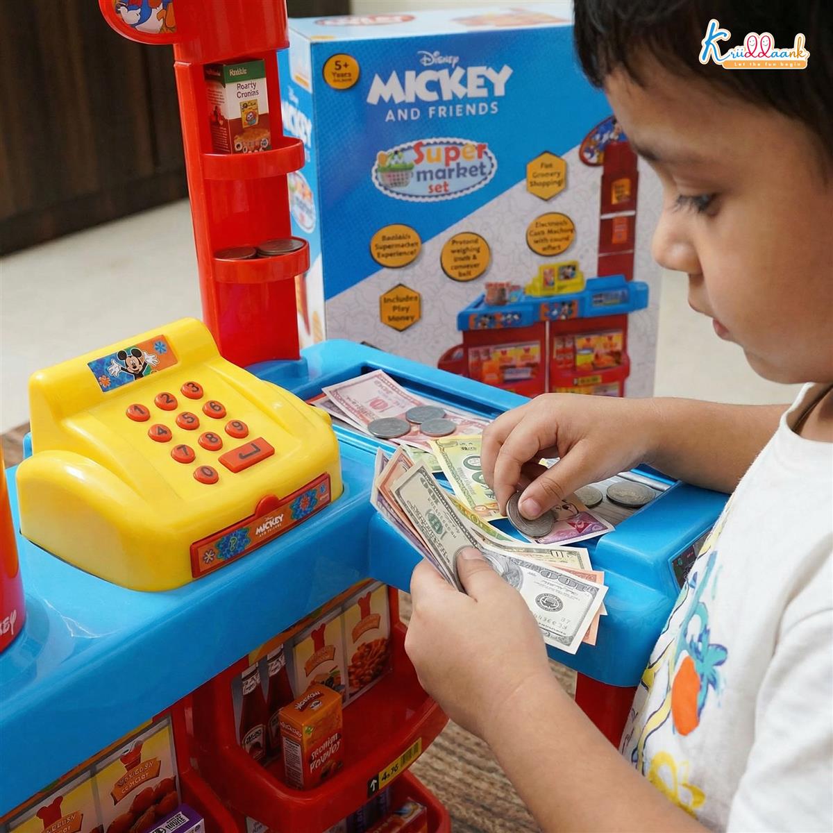 Disney Mickey Mouse Super Market Interactive Grocery Store Playset for Kids 5+ - Electronic Cash Register with Sound, Conveyor Belt, Play Money & 19 Shop Accessories - Educational Toy, Red