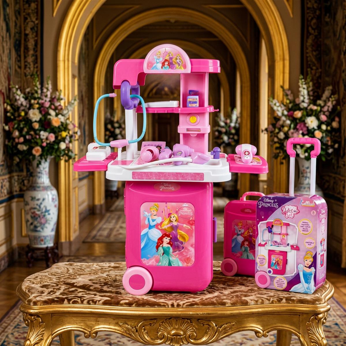 Kriiddaank Disney Princess Doctor Set for Kids - Portable Medical Trolley with Stethoscope & Lights, 9-Piece Educational Pretend Play Toy Kit for Girls Aged 3+, Pink