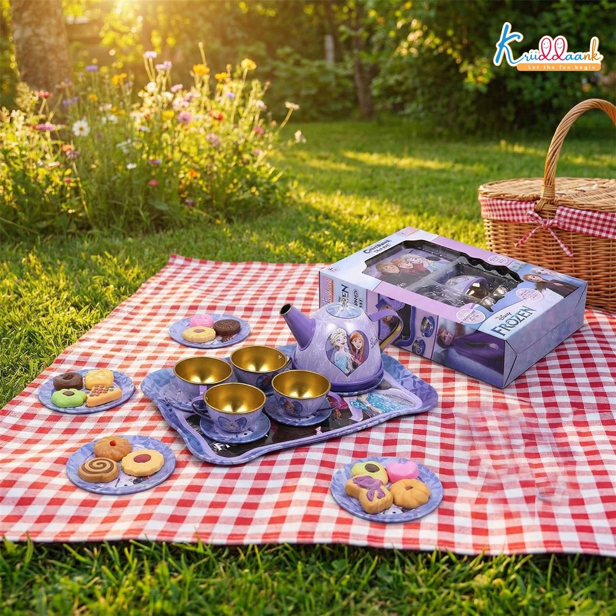 Disney Frozen Elsa & Anna 14-Piece Tin Plate Tea Set for Girls - Fun Pretend Play Tea Party Toy - Durable, Lightweight & Safe Role Play Kit for Kids, Ages 3+