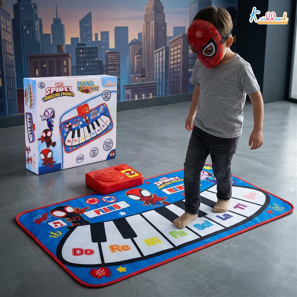 Spiderman Piano Music Play Mat for Kids - Interactive Touch Sensitive Floor Keyboard with 8 Piano Keys & 3 Function Modes, Portable Roll-Up Educational Toy for Toddlers & Children 3+ Years Old