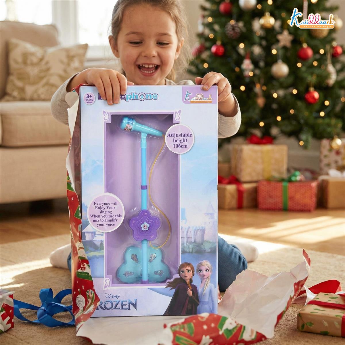 Kriiddaank Frozen Theme Karaoke Microphone with Adjustable Stand for Kids - Elsa & Anna Portable Wireless Singing Toy, Bluetooth & USB Connectivity, Educational Music Toy for Girls & Boys Ages 3+