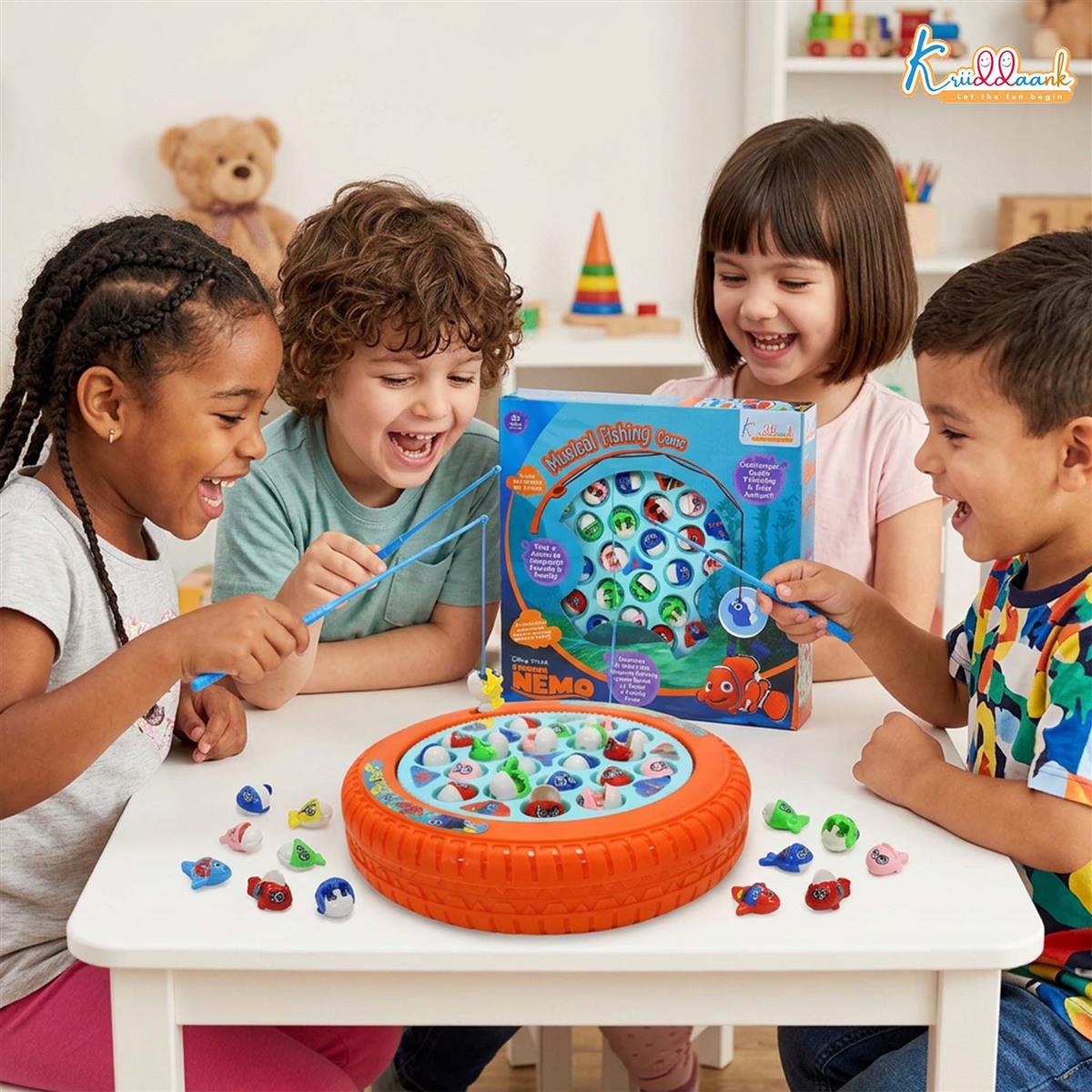 Kriiddaank Nemo Theme Musical Fishing Game - Battery Operated Rotating Board with 21 Fishes & 4 Fishing Poles - Educational & Interactive Learning Toy for Kids Ages 3+ (Multicolor)