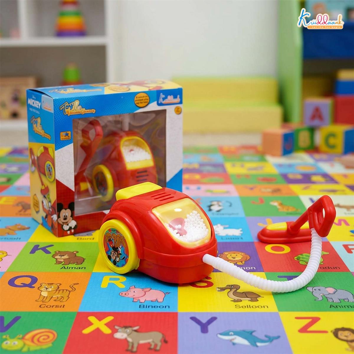 Mickey Theme Mini Vacuum Cleaner for Kids - Educational Pretend Play Toy with Realistic Vibration & Lights - Fun Housekeeping Learning Toy for Toddlers & Disney Fans, 3+ Years (Red)