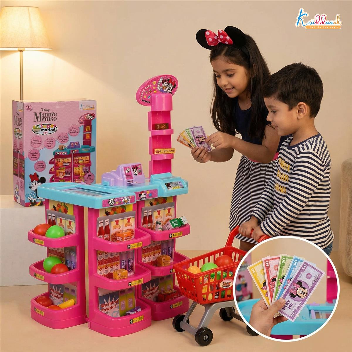 Minnie Mouse Interactive Super Market Grocery Store Playset with Electronic Cash Machine, Weighing Scale & Sound - 20 Accessories, Pretend Play Toy for Girls Ages 5+