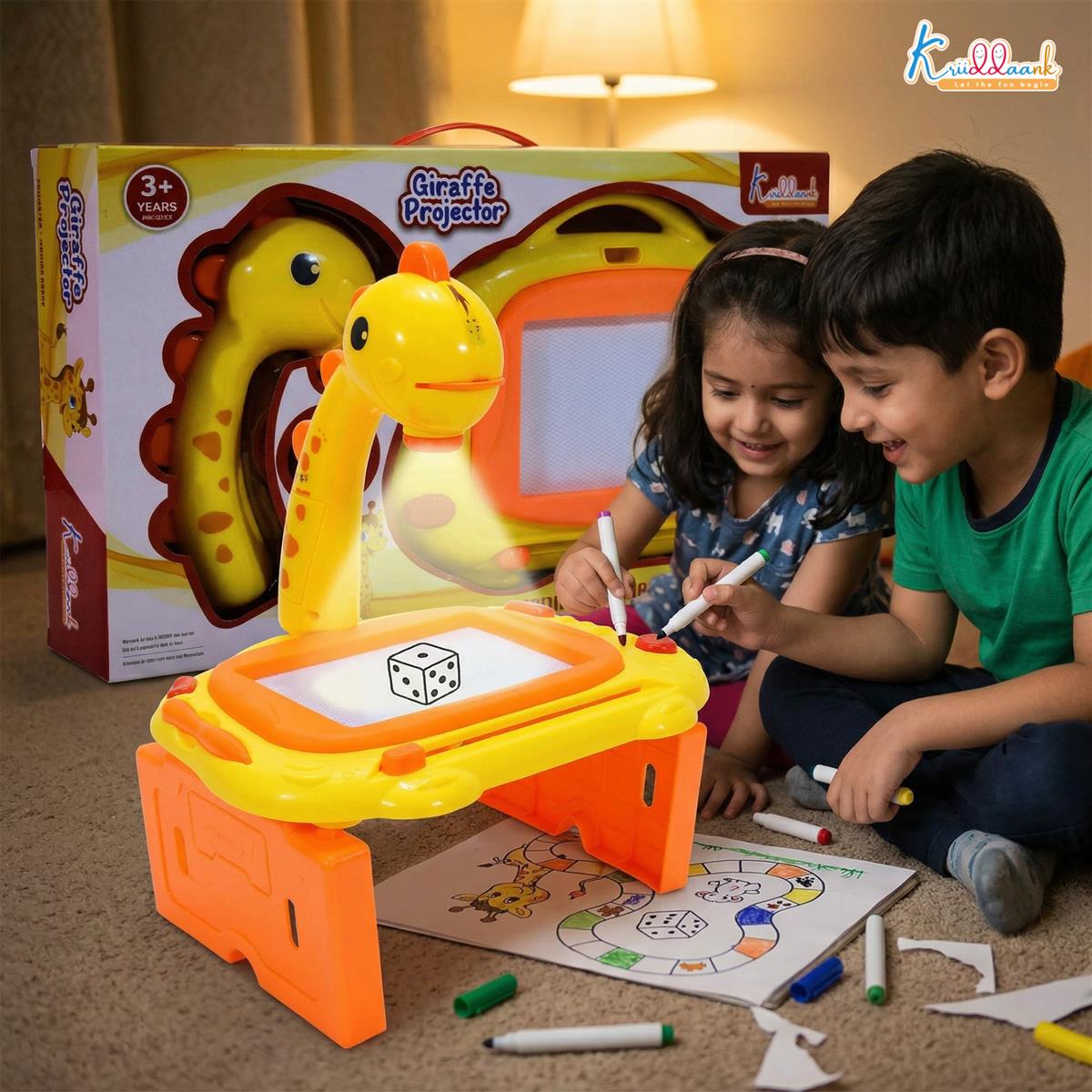 Kriiddank Giraffe Toy Projector Drawing Set for Kids - 2-in-1 Art Table & Writing Board with 24 Patterns, 3 Slides, Markers & Eraser - Educational Creative Tracing Toy for Boys & Girls 3+ Years