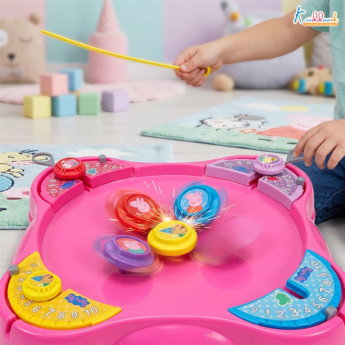 Kriiddaank Peppa Pig Theme Spinning Top Battel Game with Arena Base - Beyblade Style Battle Set for Kids 5+ Years - 4 Tops & Rip Cords - Multiplayer Educational Toy for Boys & Girls (Pink)