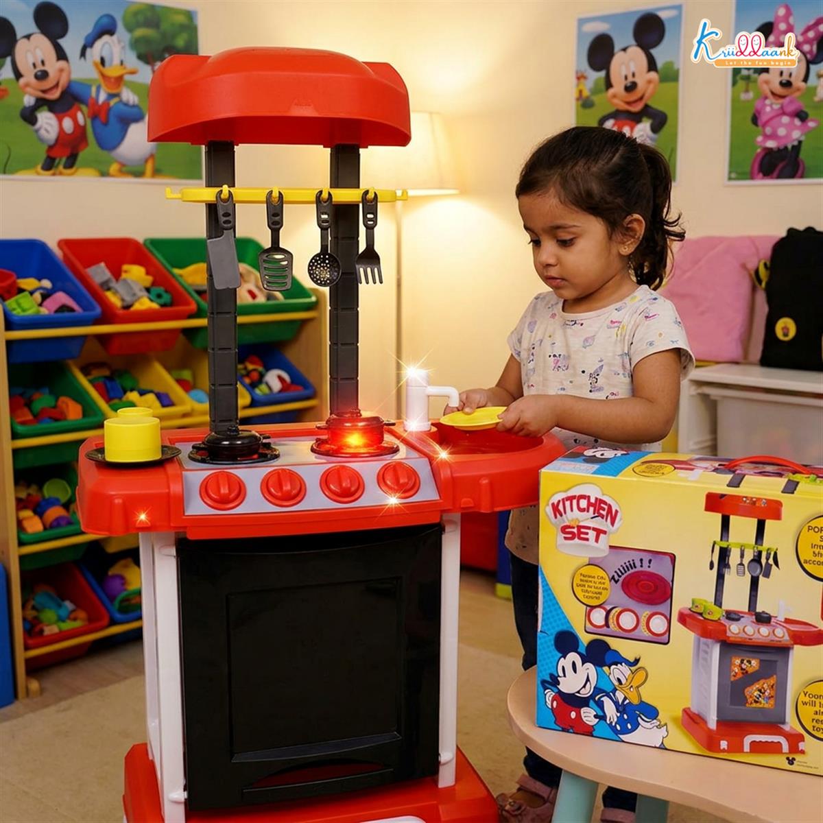 Kriiddaank Mickey Mouse Themed Kitchen Set for Kids - Portable Disney Pretend Play Cooking Toy with Oven, Gas Stove, Sink, Lights & Sound - Includes 18 Accessories - Ideal Gift for Ages 3+