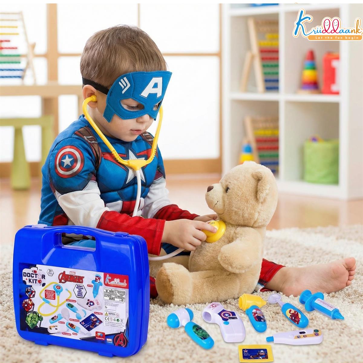 Avengers Portable Doctor Set for Kids with Electronic Stethoscope, Light & Sound Effects - 9 Pcs Medical Kit Toy for Toddlers & Boys - Educational Pretend Play Superhero Set, Ages 3+