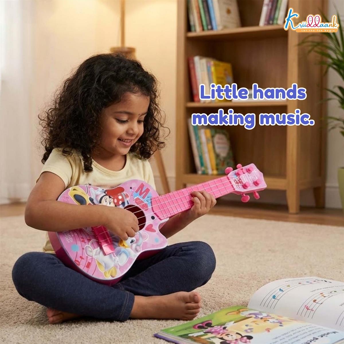 Minnie Mouse Theme 4-String Toy Guitar for Girls - Lightweight & Durable Educational Musical Instrument for Toddlers - Pink Disney Character Guitar for Kids Ages 3+, 43cm