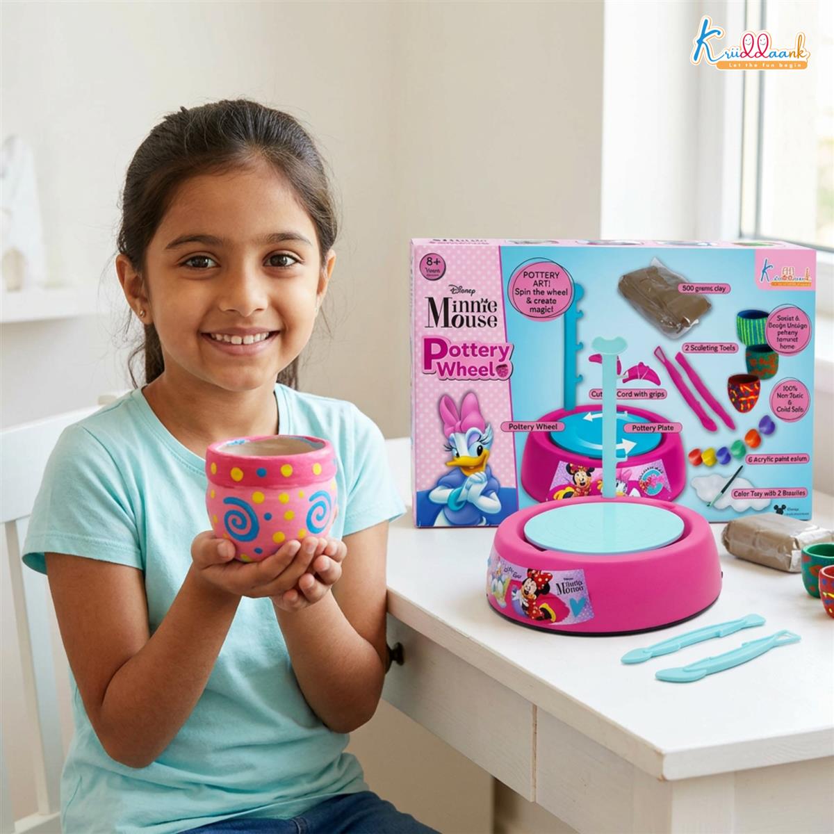 Minnie Pottery Wheel Modeling Set for Kids - Complete DIY Clay Sculpting Art & Craft Kit with 800g Clay, 6 Acrylic Paints & Tools - Educational Musical Toy for Girls Age 8+