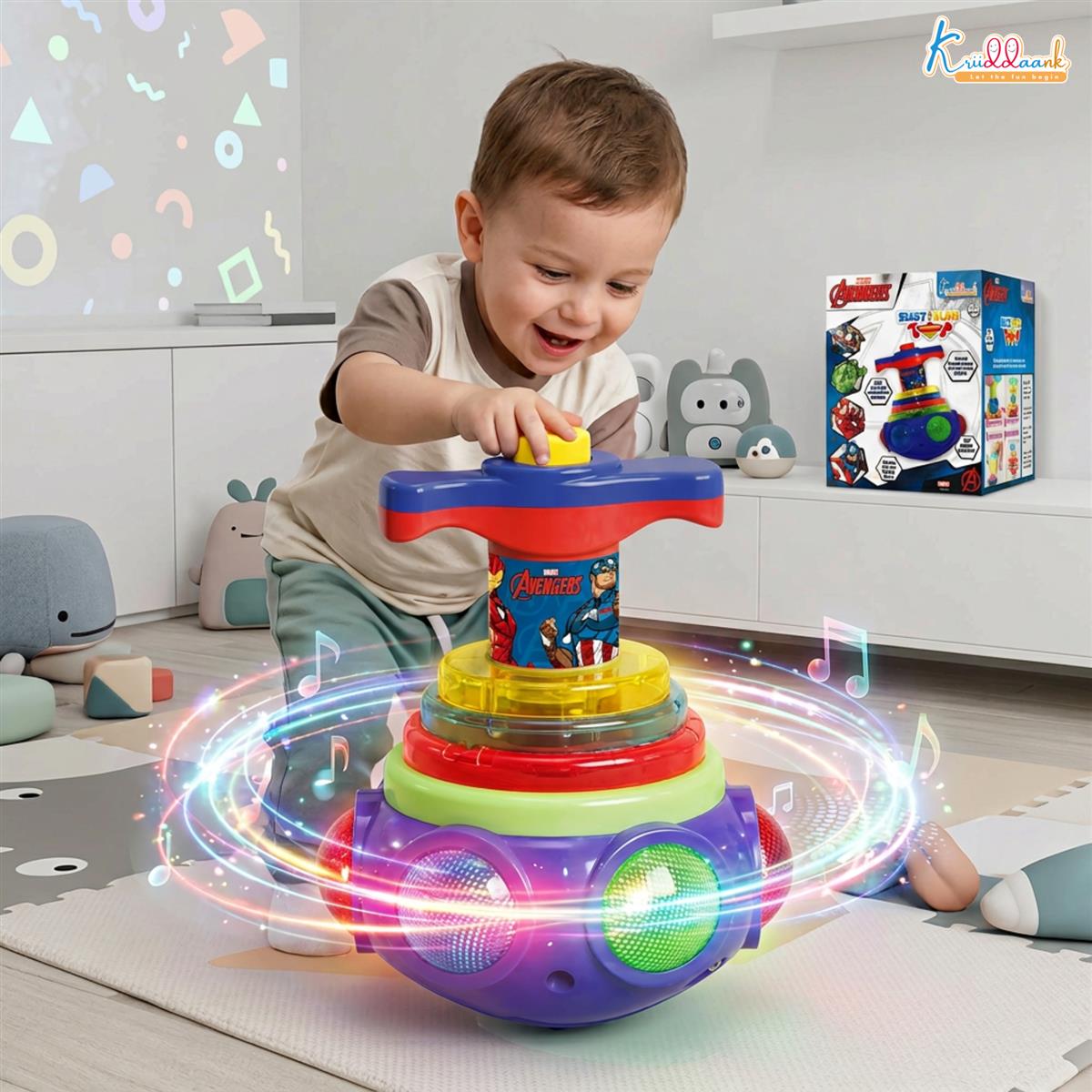 Avengers Dizzy Glow Top - LED Light Up & Musical Spinning Toy for Kids 3+ Years, 360 Degree Rotating Magic Spinner Lattoo with Flashing Lights & Sound, Marvel Avengers Theme, Battery Operated