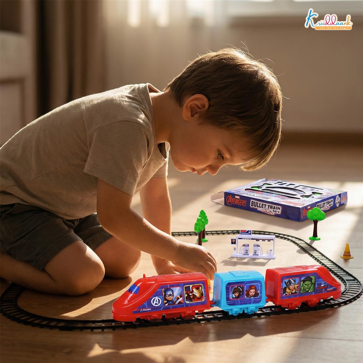 Kriiddaank Marvel Avengers Bullet Train Set for Kids - 11 Pcs Interactive Playset with Iron Man & Captain America, Battery Operated Toy with Sounds & Easy-to-Assemble Tracks, Age 3+