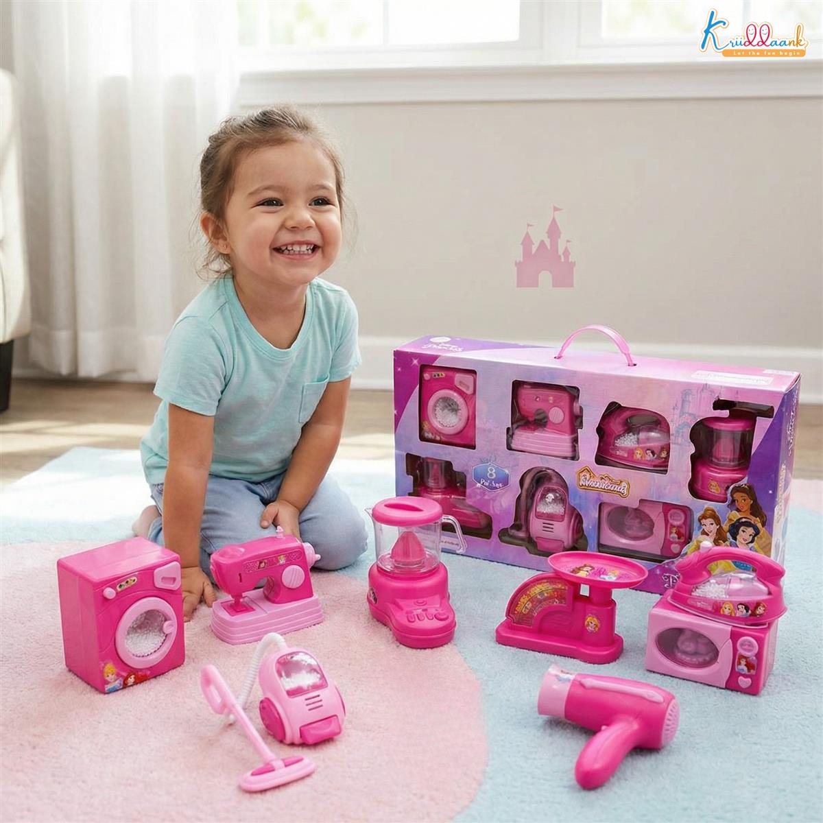 Disney Princess 8-Piece Household Role Play Toy Set - Kids Pretend Play Home Appliances with Vacuum, Washer, Microwave & Iron - Battery Operated with Lights - Pink Educational Gift for Girls Ages 3+