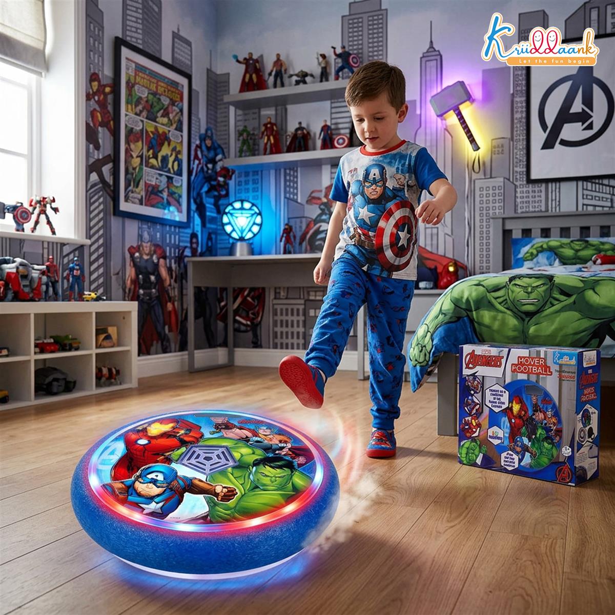 Marvel Avengers Hover Football Theme Air Power Soccer Ball with LED Lights & Foam Bumpers | Safe Indoor Floating Sports Game Toy for Kids Boys & Girls Age 3+ | Ideal Birthday Gift (18cm)