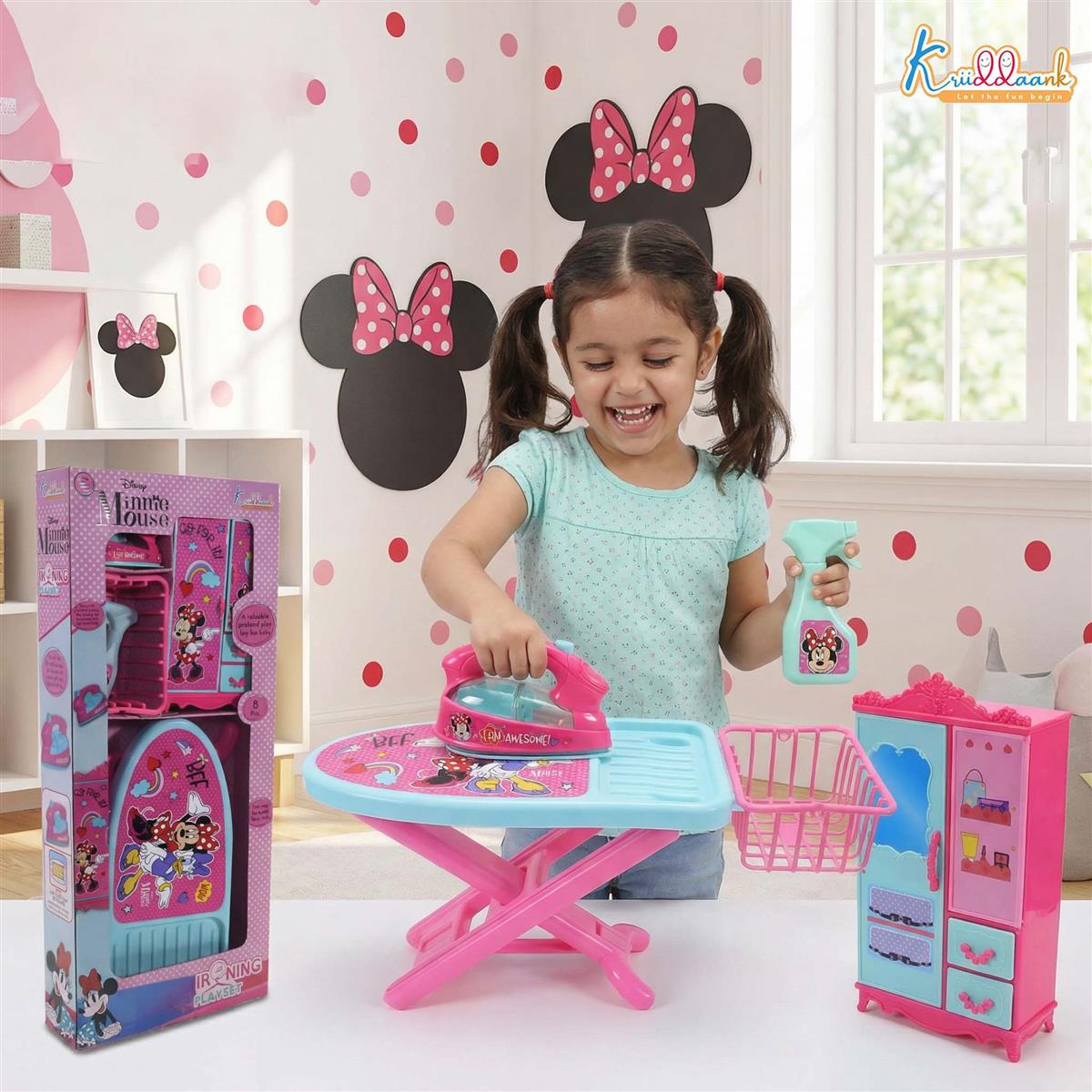Minnie Mouse Iron Playset for Kids - 8 Piece Portable Ironing Stand & Cupboard Set with Lights & Sounds - Pink Pretend Play Household Toy with Water Spray, Basket & Hanger for Girls Age 3+
