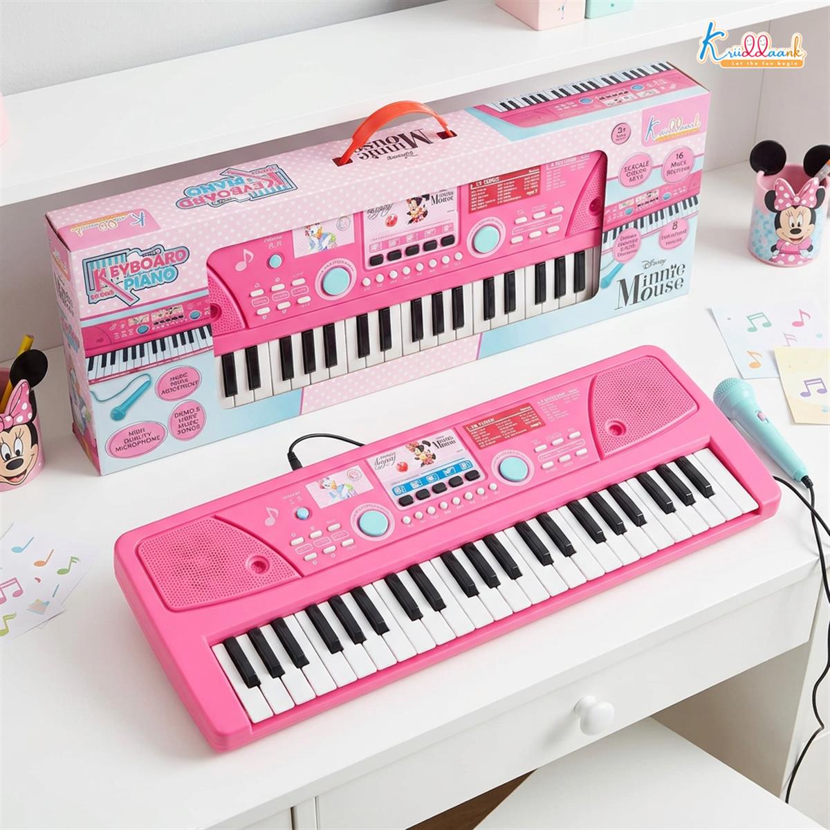 Kriiddaank Minnie Keyboard Piano 500 for Kids - Portable Electronic Musical Toy with Microphone, 8 Instrument Sounds & 16 Rhythms, Early Learning Gift for Girls 3+ Years, Pink