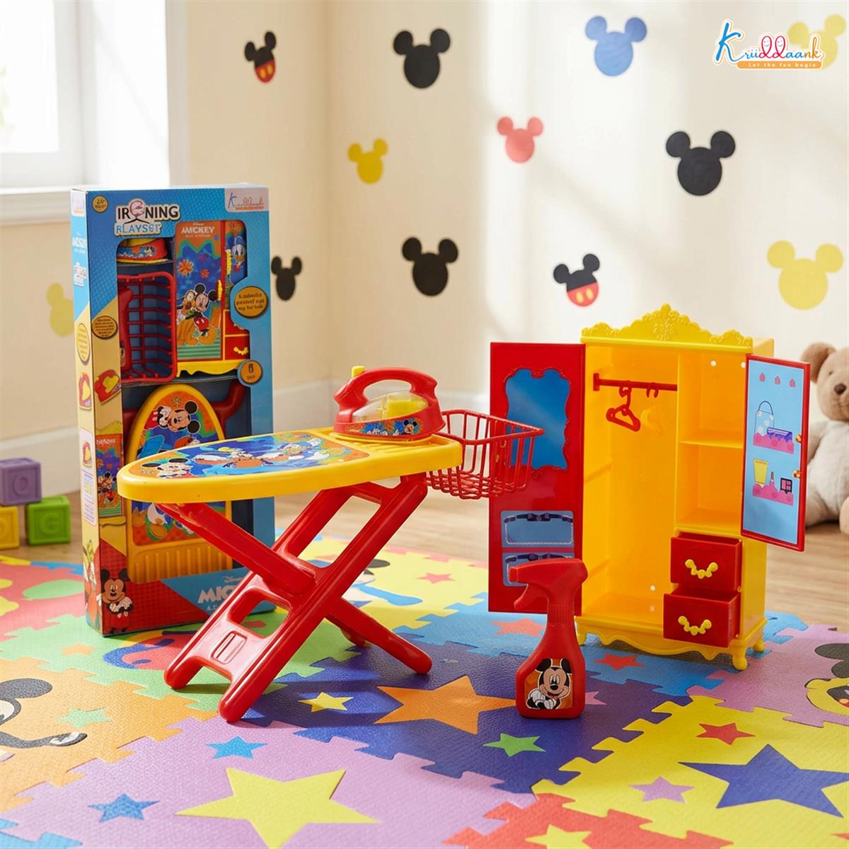 Disney Mickey Mouse Ironing Playset for Kids - 8-Piece Portable Toy Set with Light & Sound Iron, Ironing Stand, Cupboard, Water Spray & Basket - Fun Educational Pretend Play Gift for Ages 3+