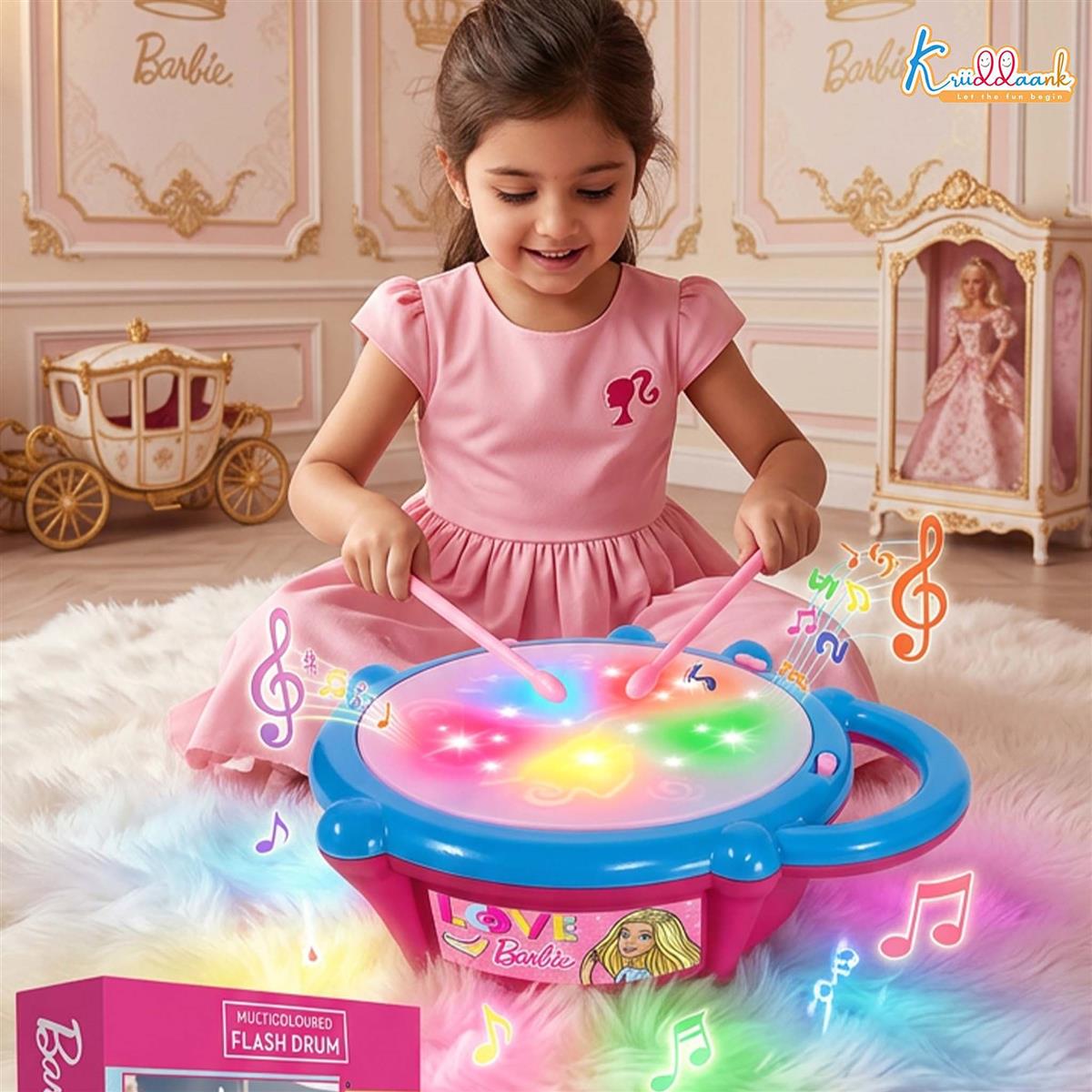 Barbie Electronic Flash Drum with 3D Rhythm Lights & Music | Educational Musical Toy for Kids 3+ Years | Interactive Pink Drum with 9 Songs & 5 Color-Changing Lights | Safe & Engaging Play