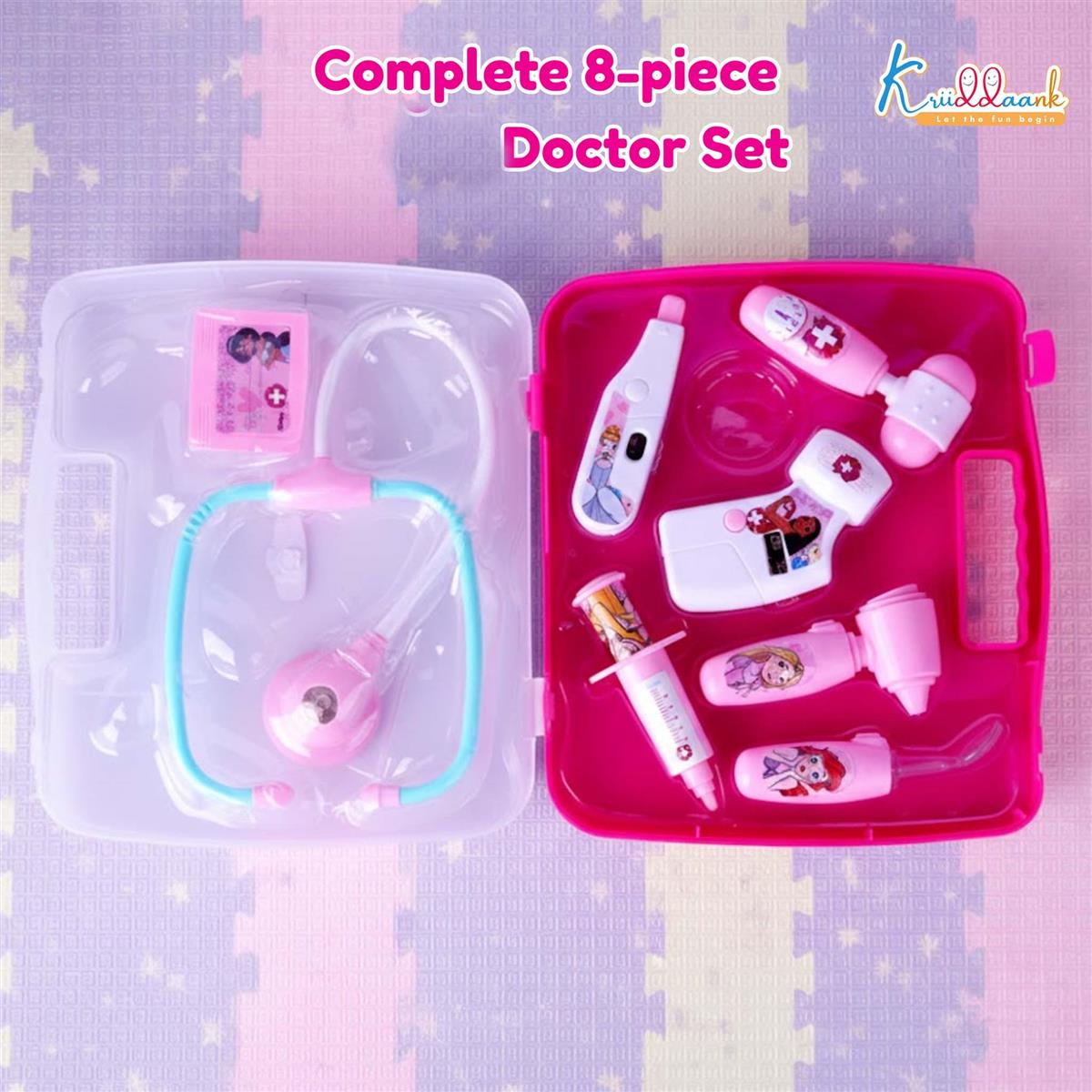 Disney Princess Theme Doctor Set for Girls with Elsa, Belle & Cinderella - 9-Piece Medical Kit with Lights & Heartbeat Sounds, Pretend Play Toy for Kids Ages 3+, Educational & Safe, Pink