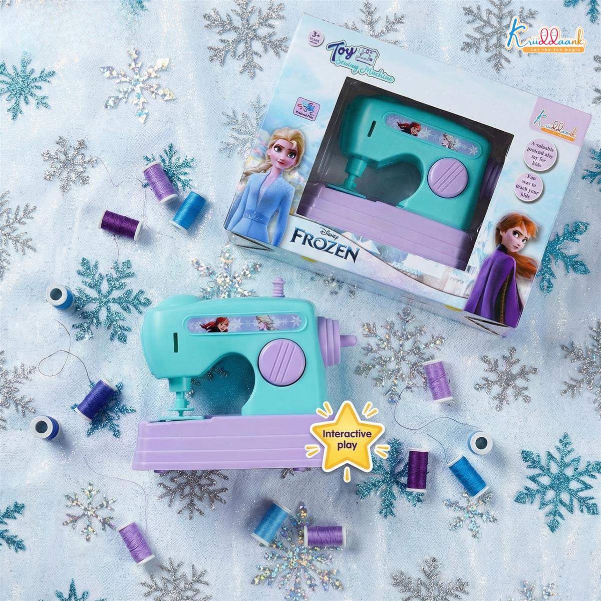 Kriiddaank Frozen Theme Mini Sewing Machine Toy for Kids - Battery Operated Pretend Play Home Appliance with Interactive Buttons, Educational Role Play Toy for Girls Ages 3+, Turkish Blue