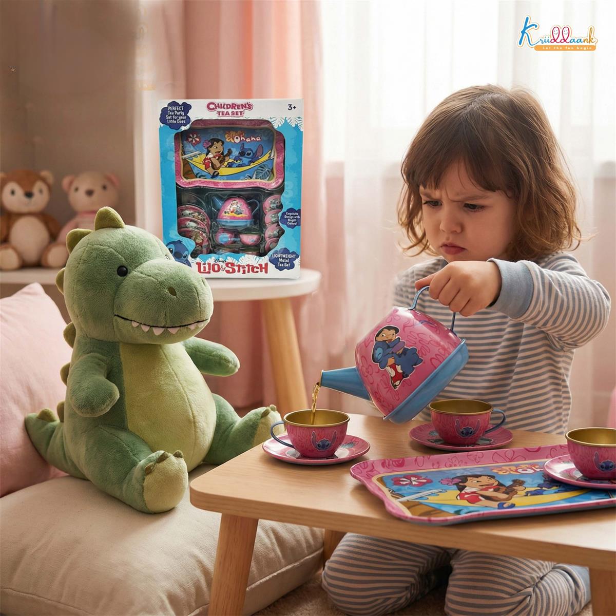 Stitch Kids Metal Tea Set - 14-Piece Pretend Play Tea Party Set with Teapot, Cups, Saucers & Serving Tray - Durable Tin Toys for Boys & Girls Ages 3+ Years - Perfect Gift for Stitch Fans