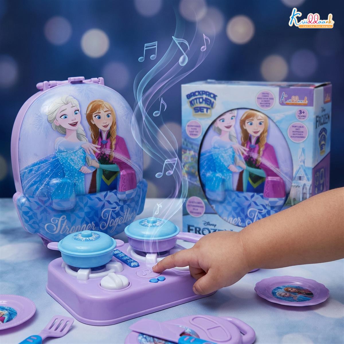 Disney Frozen Backpack Kitchen Gift Set for Kids - 21 Pcs Pretend Play Cooking Set with Music & Accessories - Portable Kitchen Toy for Girls 3+ Years - Turkish Blue