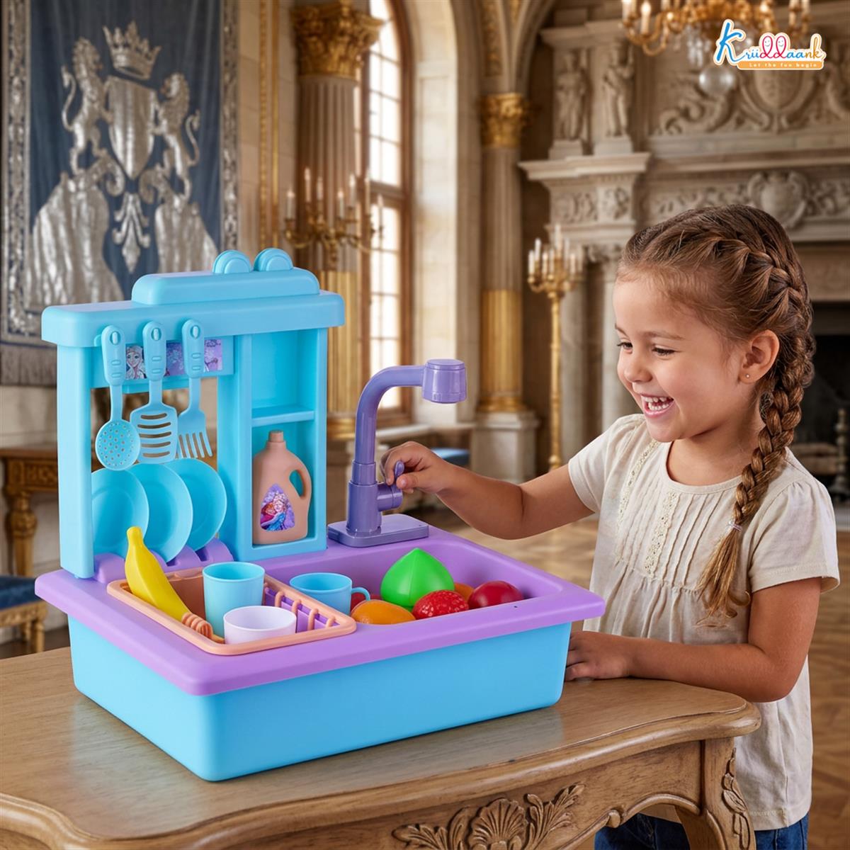 Kriiddaank Frozen Theme Kitchen Toy Set for Girls - Realistic Sink with Running Water, Electric Faucet, 22 Pcs Utensils & Accessories, Pretend Play Cooking & Baking Set for Kids Age 3+ (Turkish Blue)