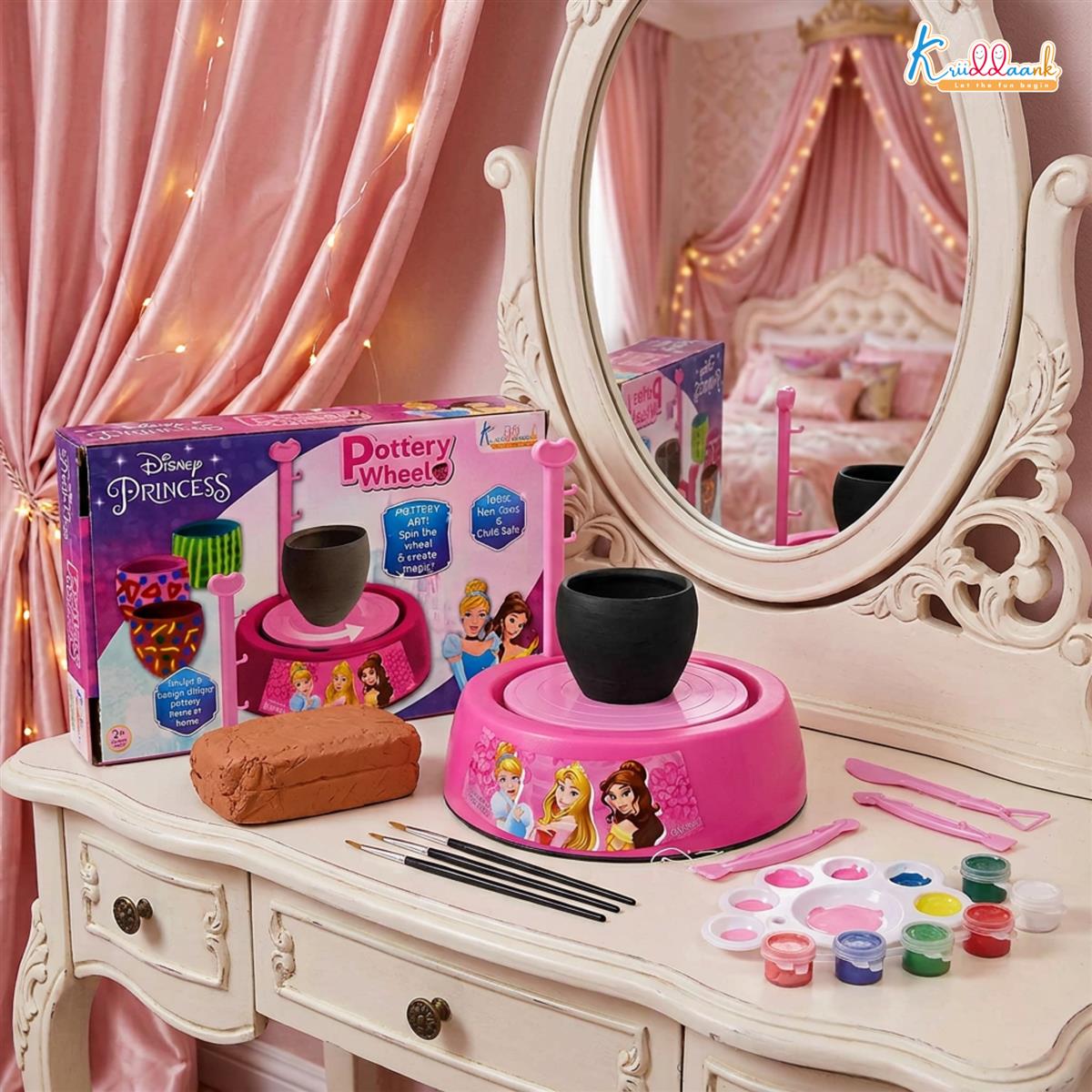 Disney Princess Theme Pottery Wheel Kit - Complete Fairy Tale Clay Art & Crafts Set with 800g Clay, 6 Acrylic Paints, Sculpting Tools & Music - Creative DIY Pottery Studio for Girls 8+ Years