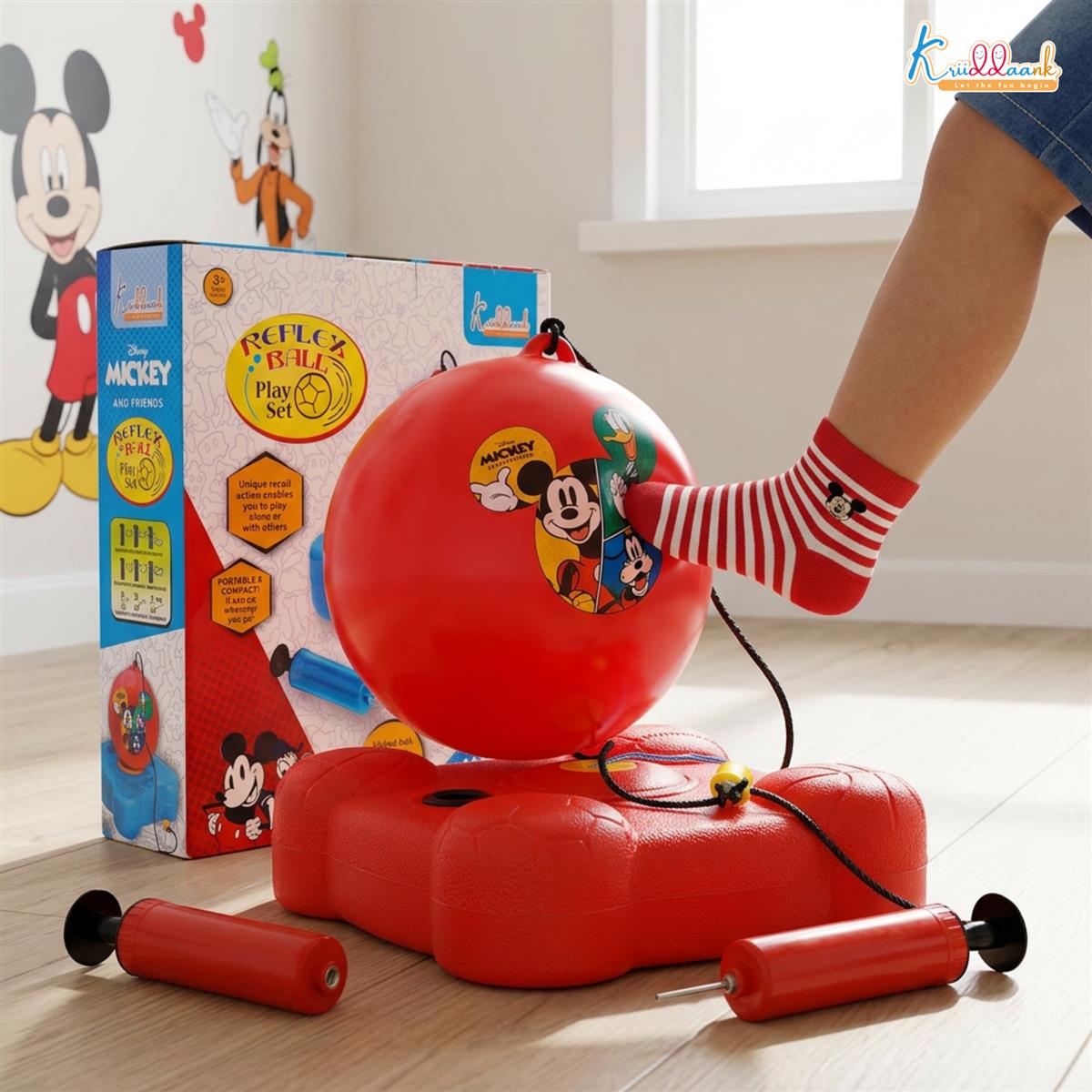 Disney Mickey Reflex Soccer Ball Set for Kids - Solo Football Training Kit with Recoil Action Rebound Ball, Indoor & Outdoor Sports Game for Boys & Girls Aged 3+ Years, Red