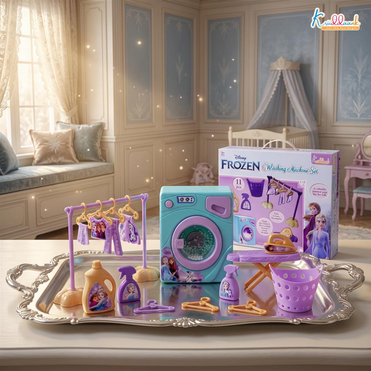 Kriiddaank Frozen Theme Washing Machine Toy Set for Kids - 11-Piece Interactive Disney Magic Home Appliances Pretend Play for Toddlers - Music & Educational Role Play Laundry Set - Ages 3+