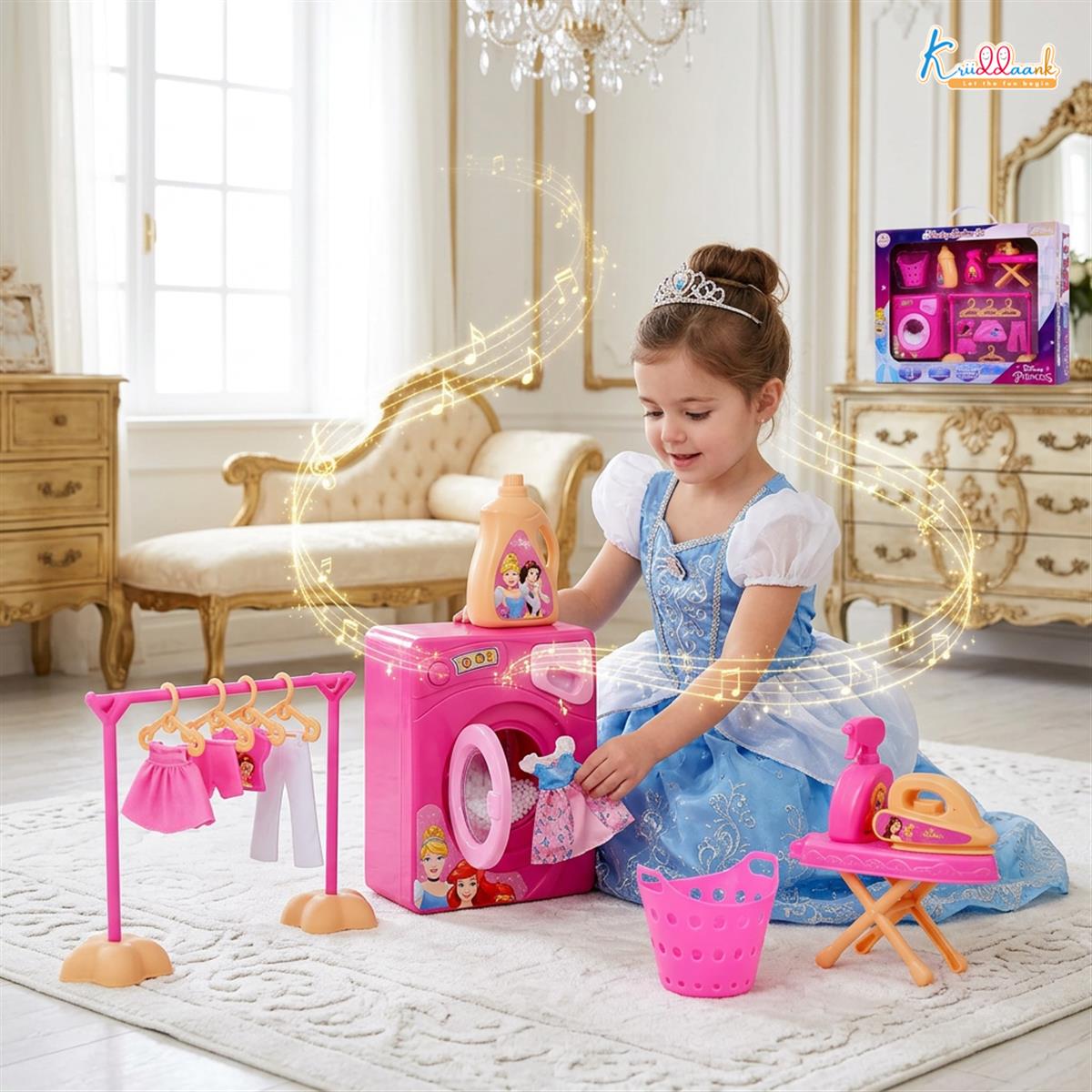 Kriiddaank Disney Princess Theme Washing Machine Toy for Toddlers, 15-Piece Pretend Play Laundry Set with Ironing Table & Accessories, Musical Interactive Toy for Kids 3+ Years (Pink)